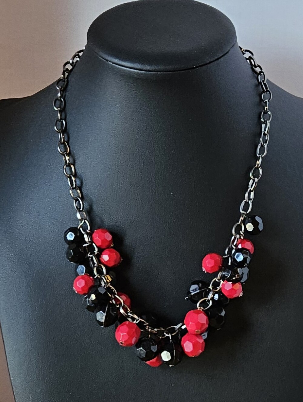 Vintage Necklace Red & Black Faceted Bead Cluster Statement